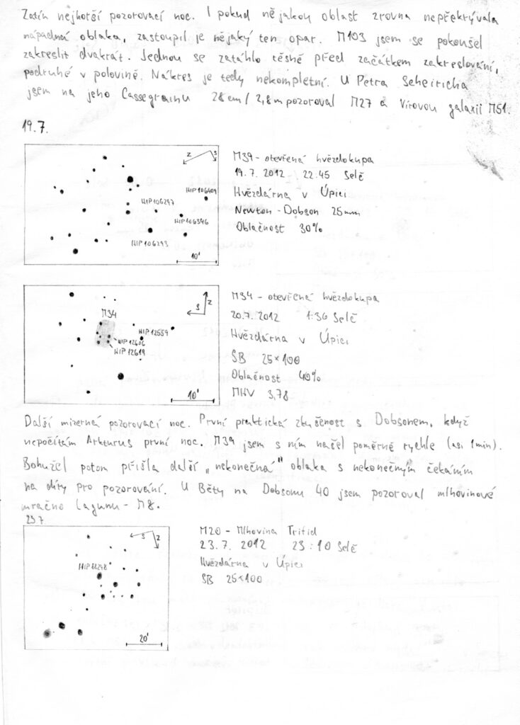 Ukázka z pozorovacího deníku Jakuba Vonšovského