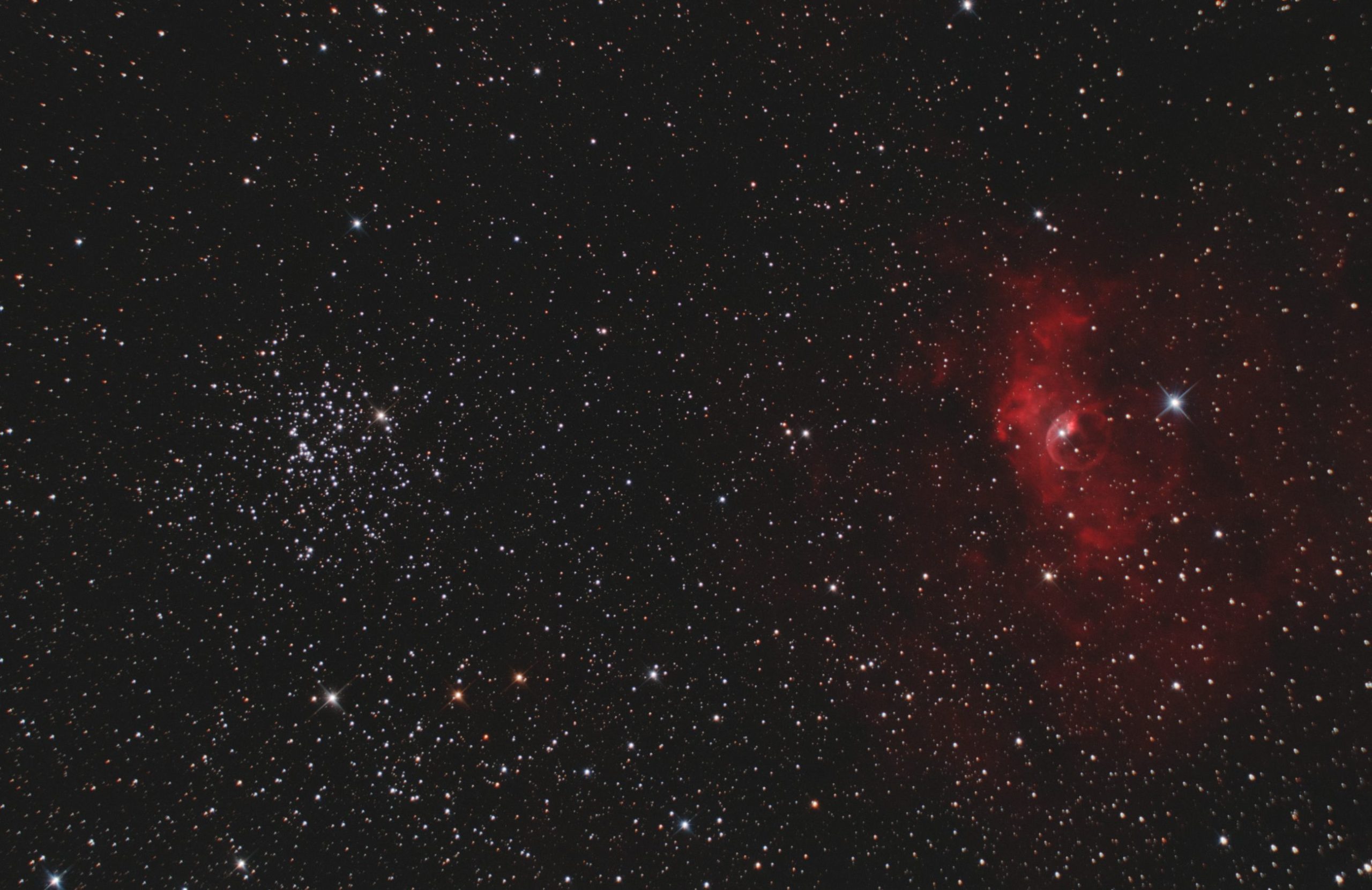 otevřená hvězdokupa M52 a mlhovina bublinka NGC 7635